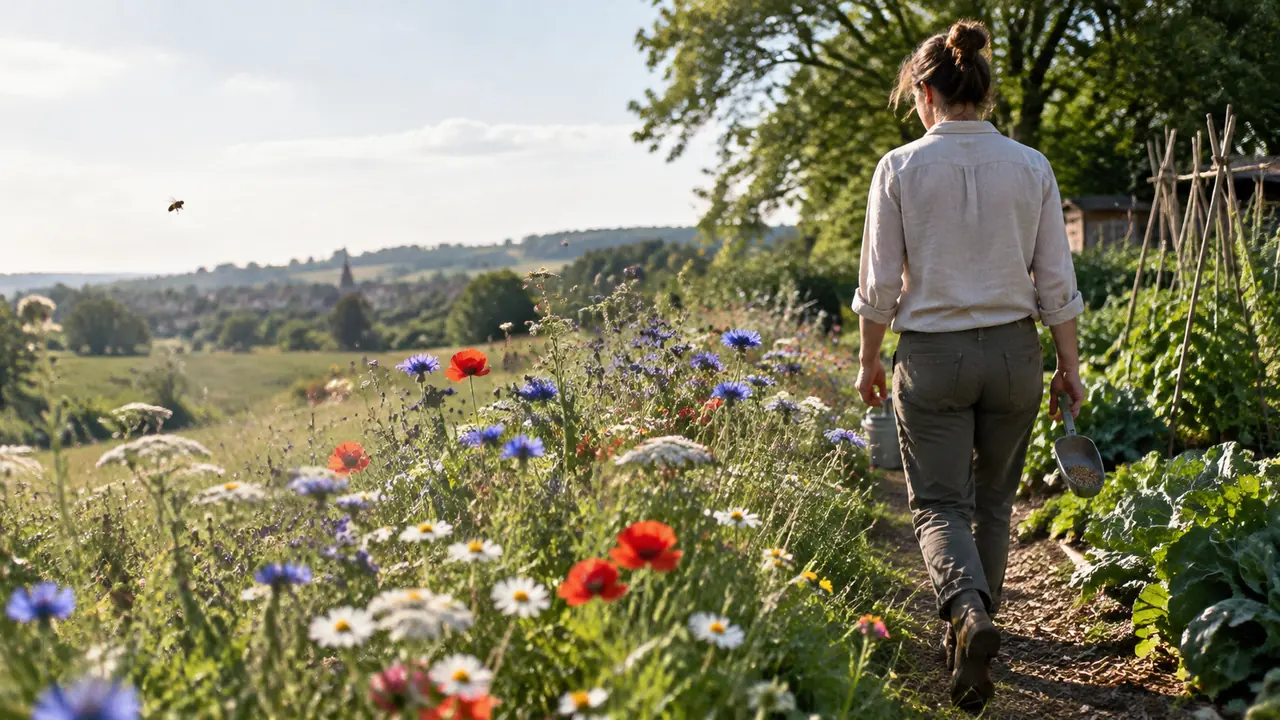 Foto: Frau geht an einem Wildblumenstreifen neben einem Gemüsebeet entlang