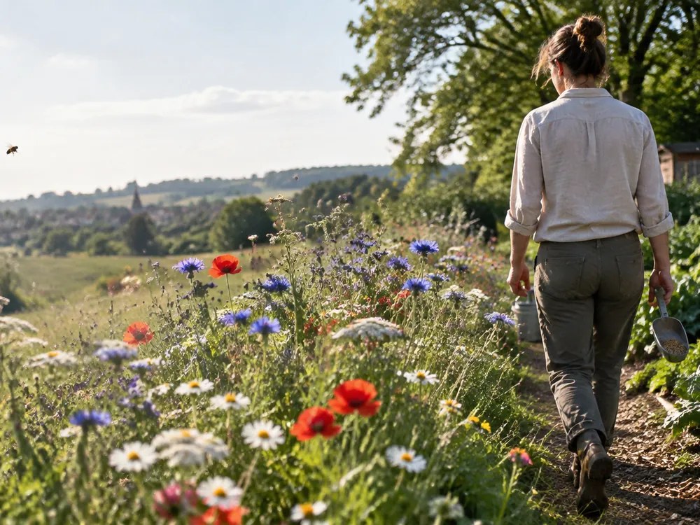 Foto: Wildblumenstreifen neben einem Gemüsebeet