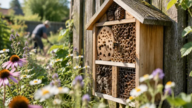 Foto: Gemeinschaftsgarten mit Hochbeeten, Bienenhotel und Wildblumen