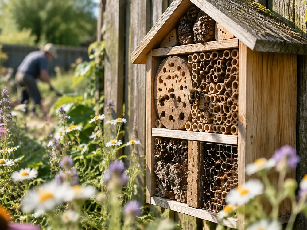 Foto: Gemeinschaftsgarten mit Hochbeeten und Bienenhotel